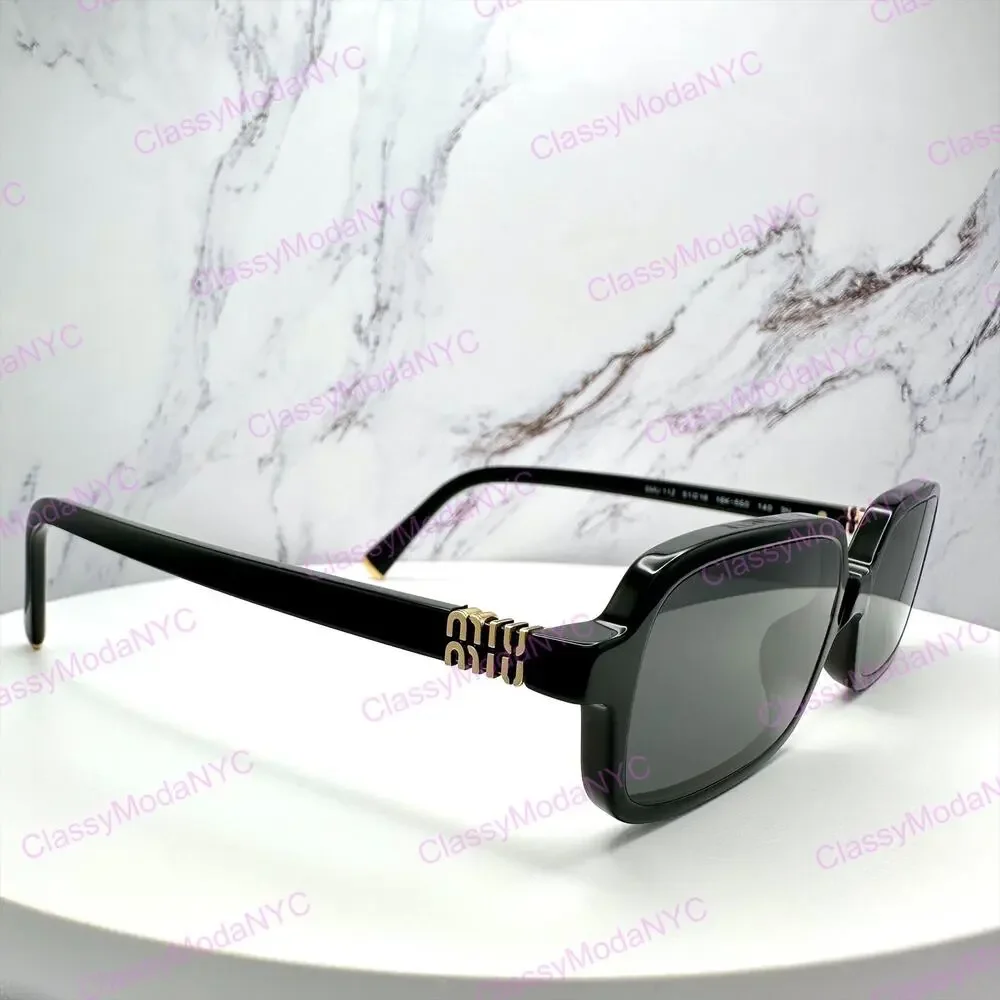 New MIU MIU Sunglasses Black Square Rectangle Acetate Gold Metal Logo Authentic